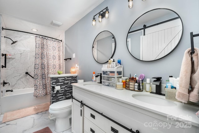full bathroom with marble finish flooring, toilet, double vanity, and shower / bath combination with curtain