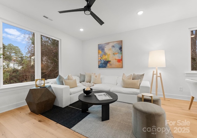 living room featuring ceiling fan and wood-type flooring