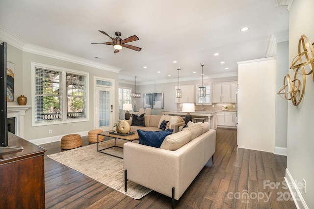 living area with baseboards, a ceiling fan, dark wood-style flooring, crown molding, and a fireplace