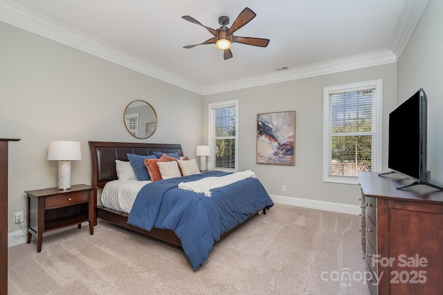 bedroom with multiple windows, baseboards, crown molding, and light colored carpet