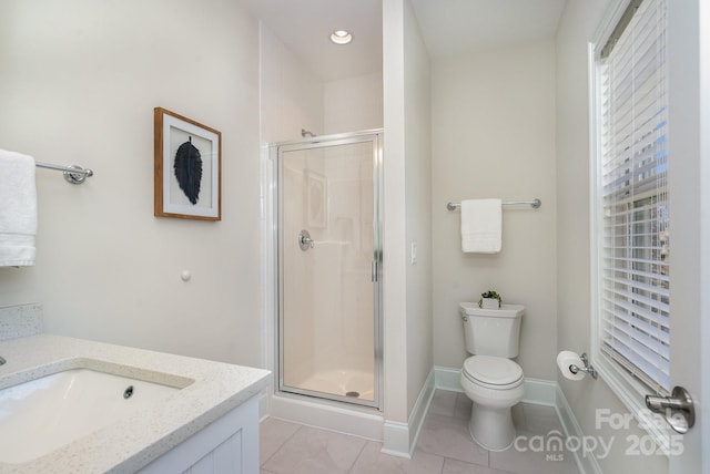 bathroom with a stall shower, baseboards, toilet, tile patterned flooring, and vanity