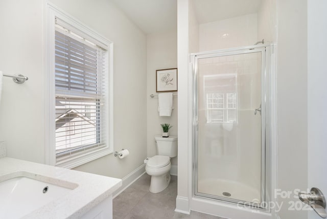 full bath featuring a stall shower, baseboards, toilet, tile patterned flooring, and vanity