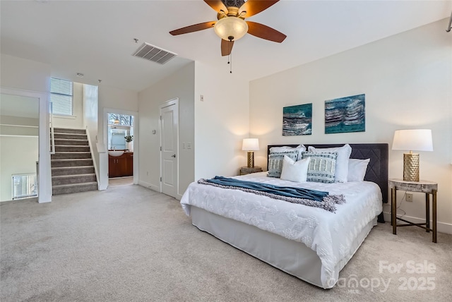 bedroom featuring carpet flooring and ceiling fan