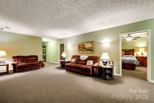 living room featuring a textured ceiling and carpet