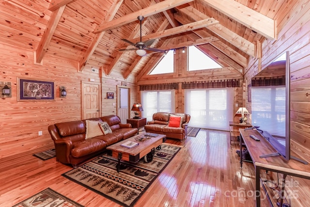 living room featuring wooden walls, light hardwood / wood-style floors, wooden ceiling, and beamed ceiling