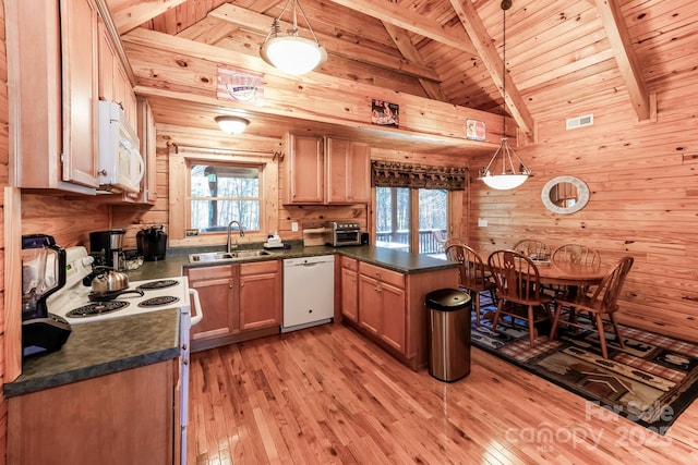 kitchen featuring wooden walls, decorative light fixtures, sink, wooden ceiling, and white appliances