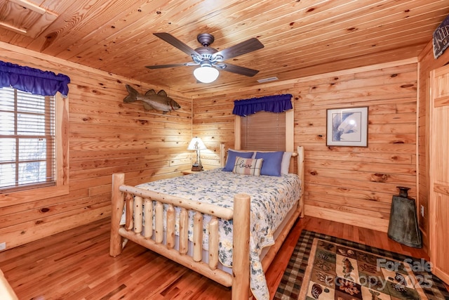 bedroom with hardwood / wood-style flooring, ceiling fan, wooden walls, and wood ceiling