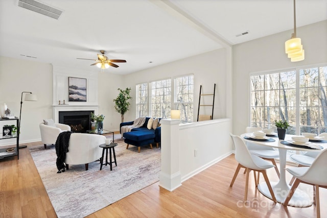 dining area featuring ceiling fan, a fireplace, and light wood-type flooring