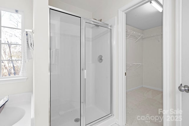 bathroom featuring a shower with door