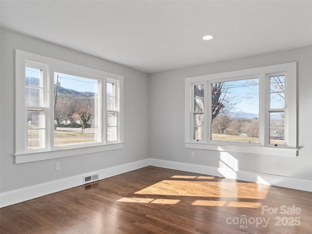 interior space featuring dark wood-type flooring and a mountain view