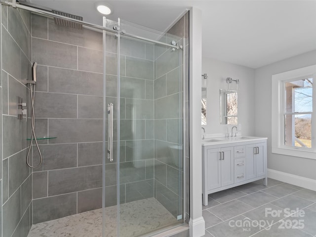 bathroom featuring vanity, tile patterned floors, and walk in shower