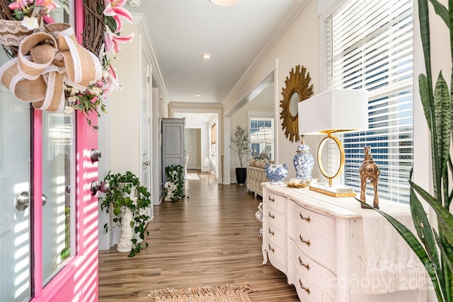 hall with dark hardwood / wood-style flooring and crown molding