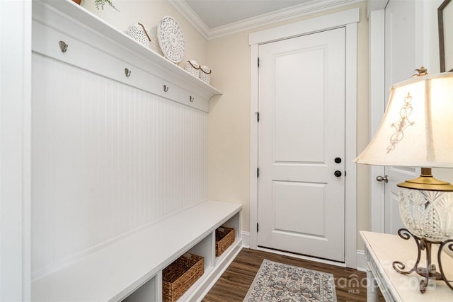 mudroom featuring crown molding and dark wood-type flooring