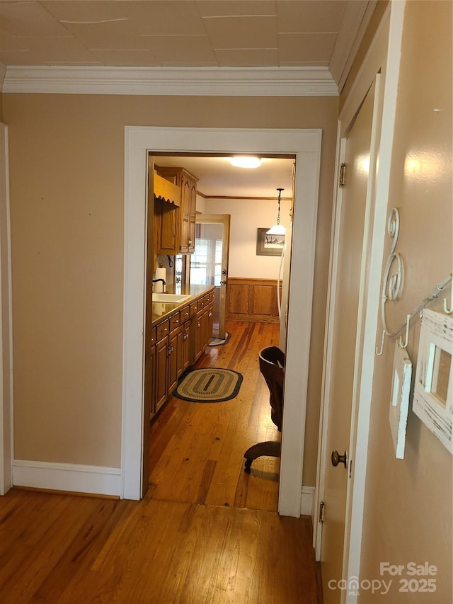 hallway with crown molding, sink, and hardwood / wood-style floors