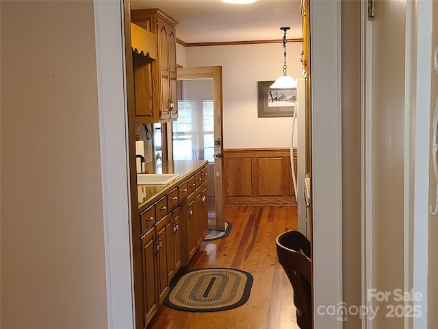 interior space with hanging light fixtures, ornamental molding, light hardwood / wood-style floors, and sink