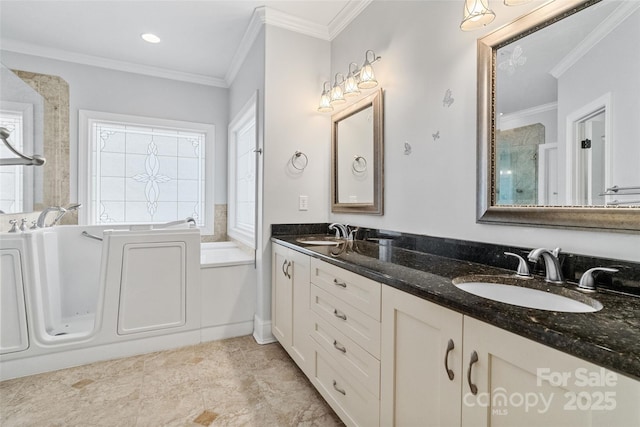 bathroom with vanity, ornamental molding, and a tub