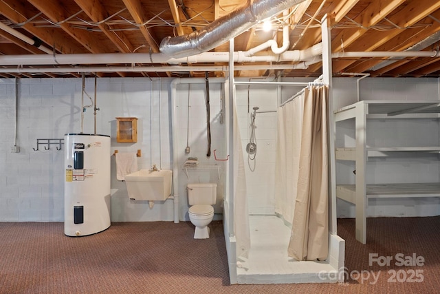 basement with sink, electric water heater, and carpet flooring