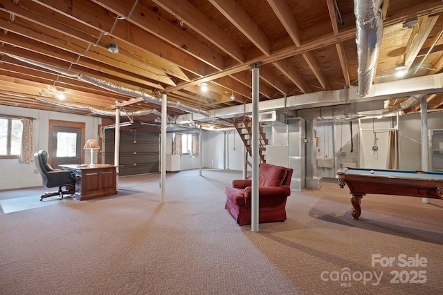 basement with billiards and carpet flooring