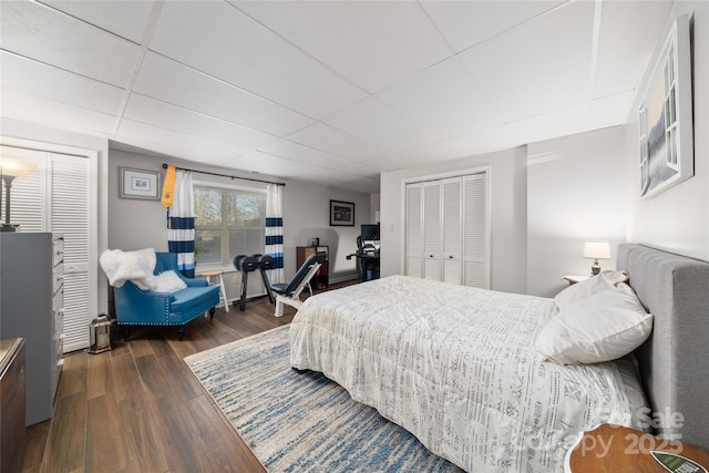 bedroom with dark hardwood / wood-style flooring, a closet, and a drop ceiling