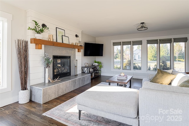 living room with a fireplace and dark hardwood / wood-style floors