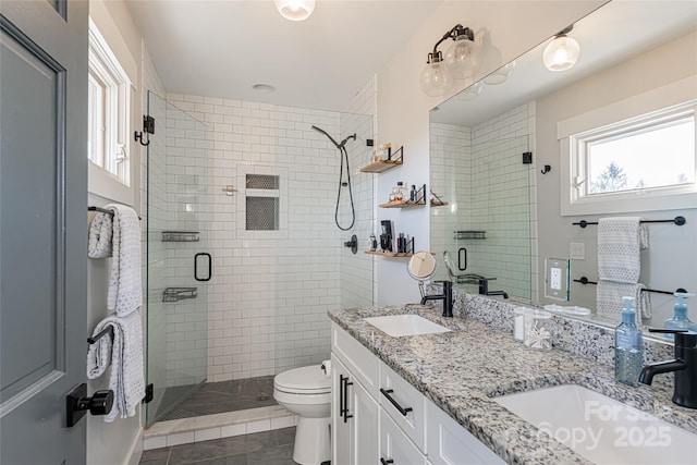 bathroom featuring vanity, toilet, an enclosed shower, and a wealth of natural light