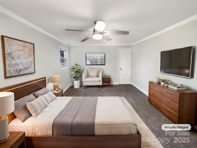 carpeted bedroom featuring ceiling fan, ornamental molding, and a textured ceiling