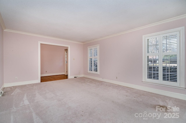 empty room featuring light carpet, crown molding, and a textured ceiling