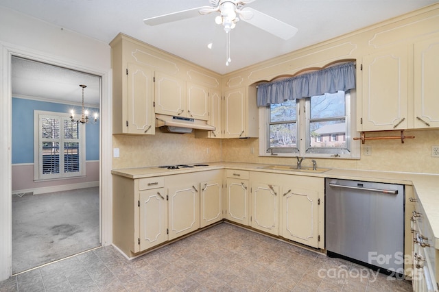 kitchen featuring sink, crown molding, backsplash, ceiling fan with notable chandelier, and stainless steel dishwasher