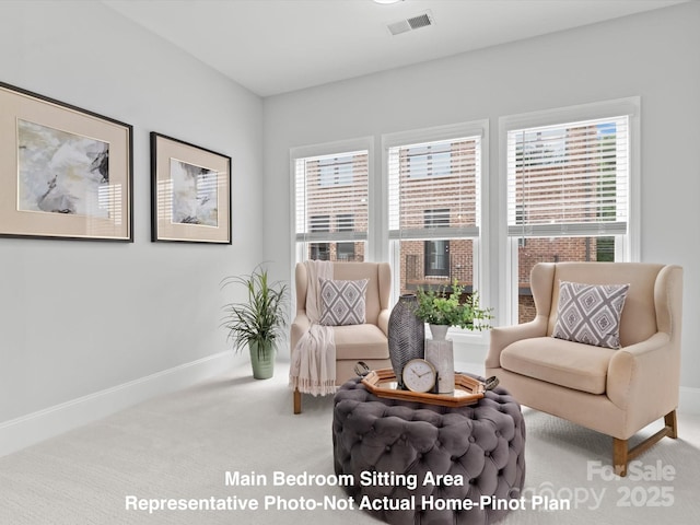 sitting room featuring a healthy amount of sunlight and carpet flooring