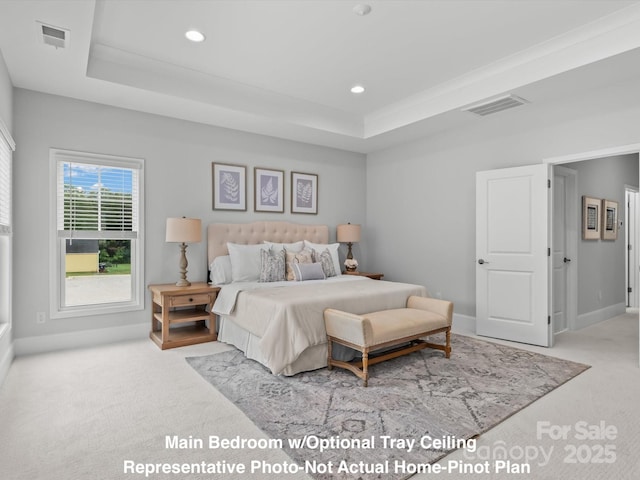 bedroom featuring light colored carpet and a tray ceiling