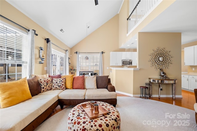 living room featuring high vaulted ceiling