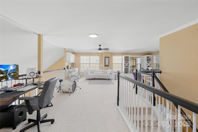 office area featuring ornamental molding and carpet flooring