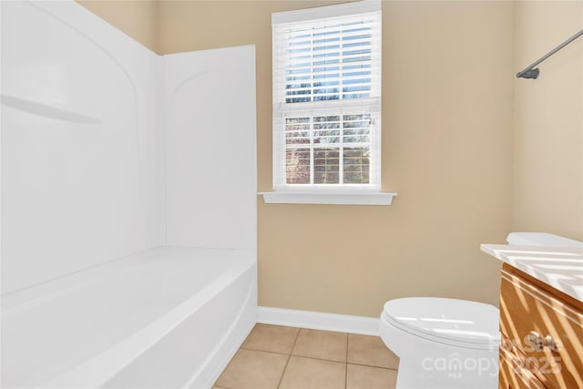 full bathroom with vanity, tub / shower combination, tile patterned floors, and toilet