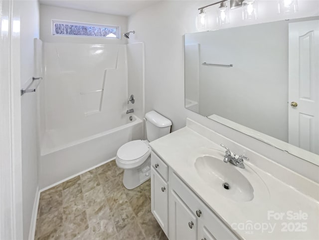 full bathroom featuring vanity, toilet, and washtub / shower combination