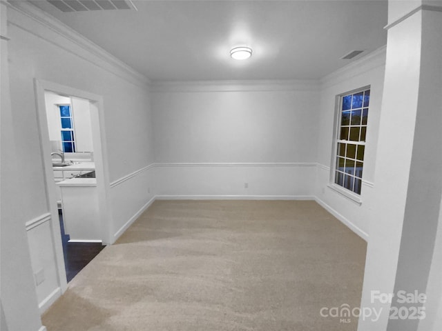 carpeted spare room featuring crown molding and sink