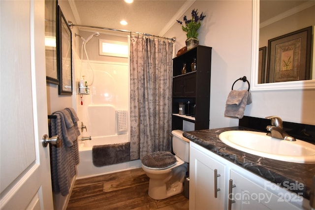 full bathroom with shower / tub combo with curtain, vanity, ornamental molding, and hardwood / wood-style floors