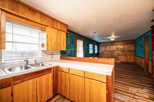 kitchen featuring wood walls, sink, kitchen peninsula, dark wood-type flooring, and a textured ceiling