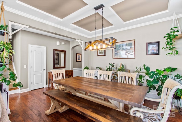 dining room featuring dark hardwood / wood-style flooring, crown molding, and coffered ceiling