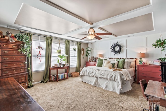 bedroom featuring ceiling fan, carpet flooring, and coffered ceiling