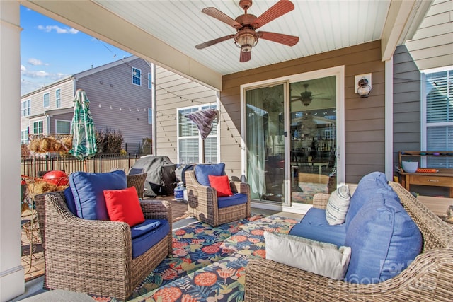 view of patio / terrace featuring ceiling fan and an outdoor hangout area