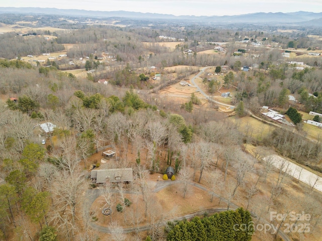 drone / aerial view with a mountain view and a rural view