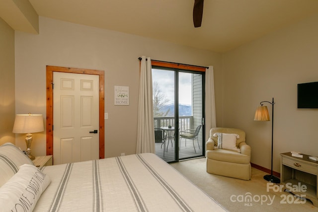 carpeted bedroom featuring access to outside and ceiling fan