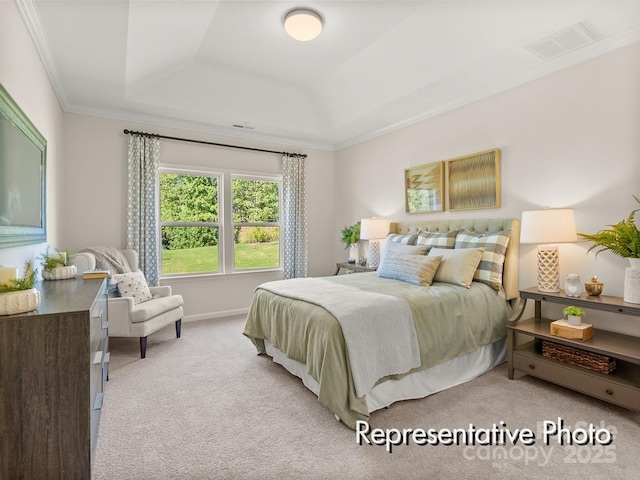 bedroom featuring a raised ceiling, ornamental molding, and light carpet