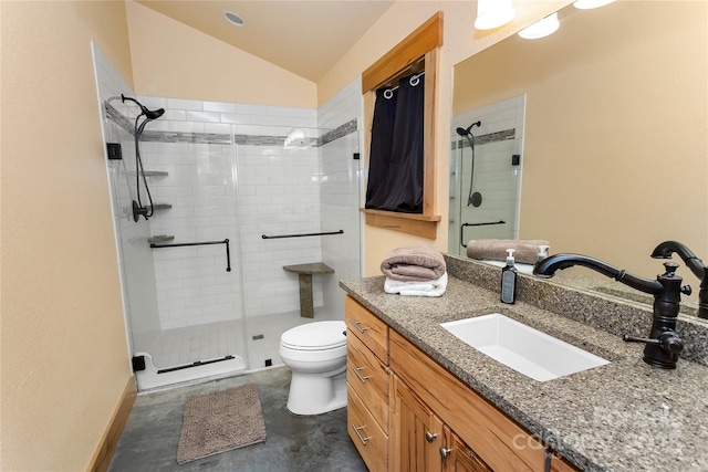 bathroom with walk in shower, toilet, vaulted ceiling, concrete floors, and vanity