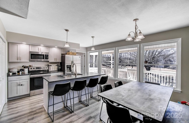 kitchen with sink, a breakfast bar area, hanging light fixtures, a center island with sink, and stainless steel appliances