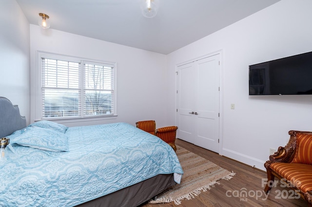 bedroom featuring baseboards and dark wood-type flooring