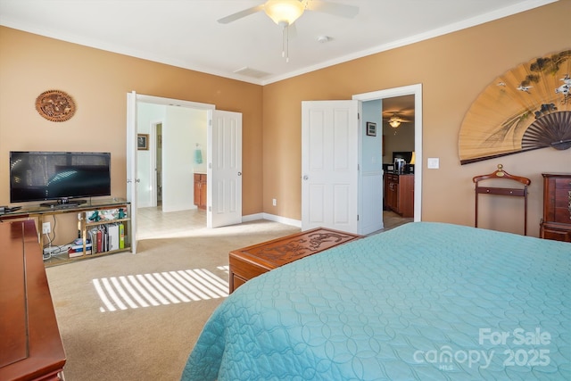 carpeted bedroom featuring crown molding, ceiling fan, and lofted ceiling