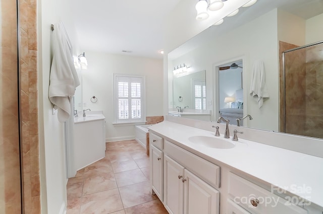 bathroom featuring tile patterned flooring, vanity, and a shower with door