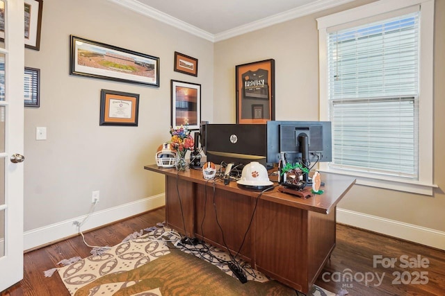 office space with crown molding and dark hardwood / wood-style floors