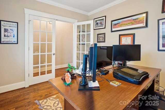 office with french doors, ornamental molding, and hardwood / wood-style flooring